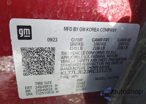 2024 Chevrolet Trax Fwd 2Rs z USA, uszkodzony, nr VIN KL77LJE23RC131275